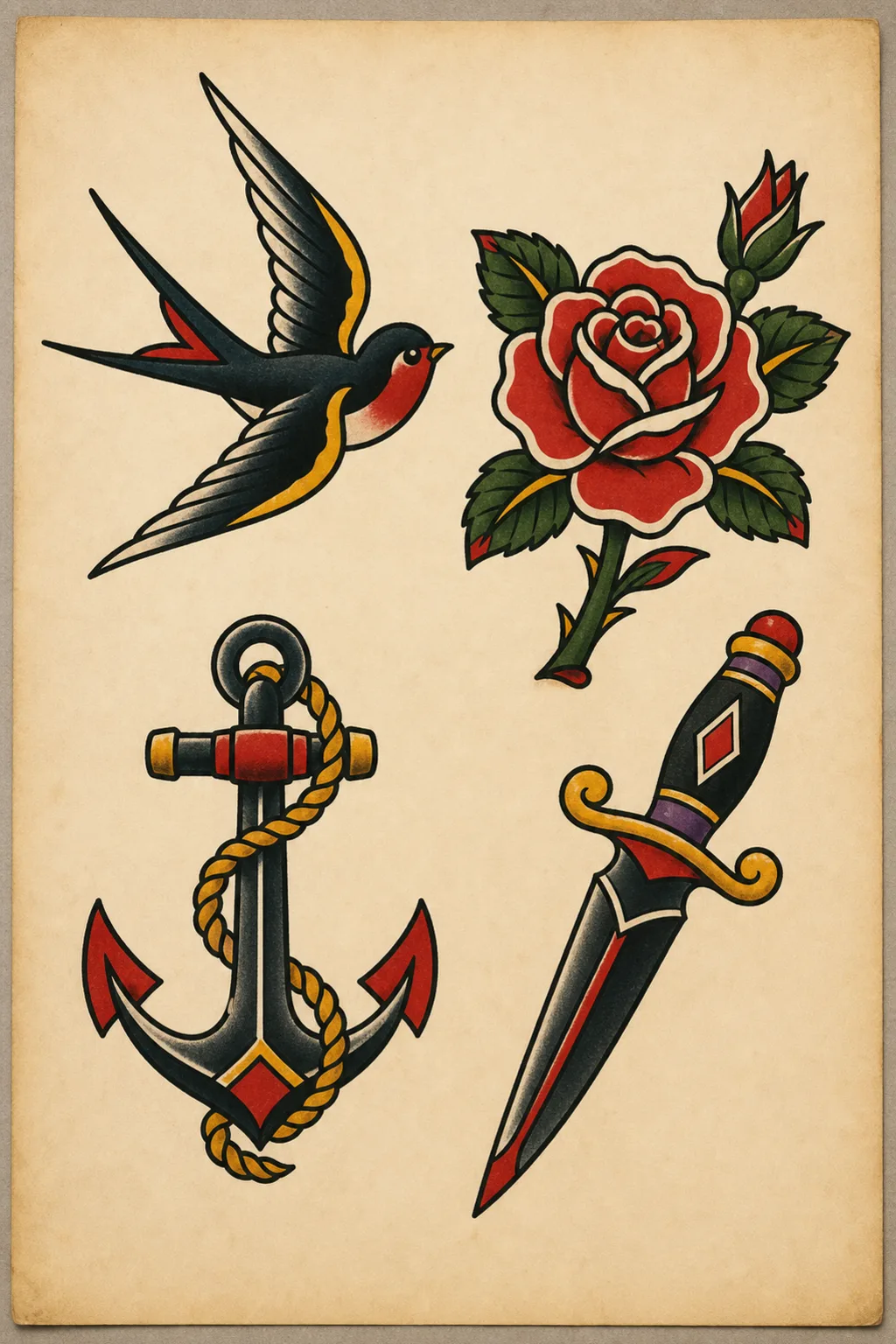 Traditional flash sheet with swallow, rose, anchor, and dagger designs