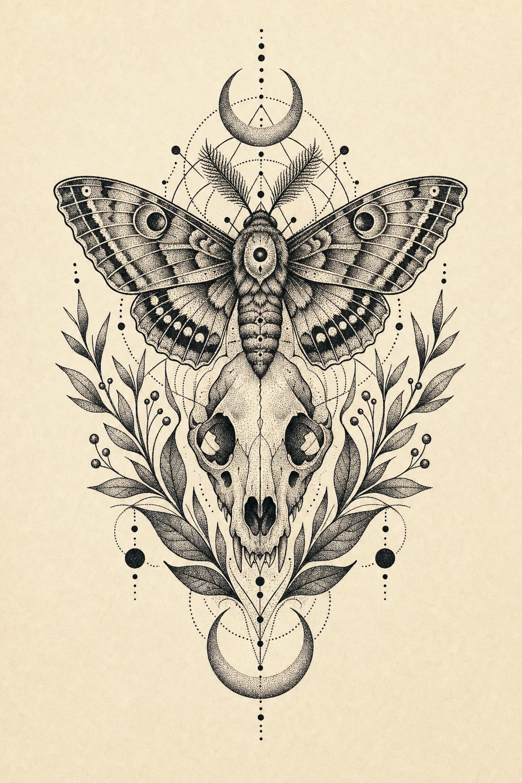 A dotwork skull and moth tattoo