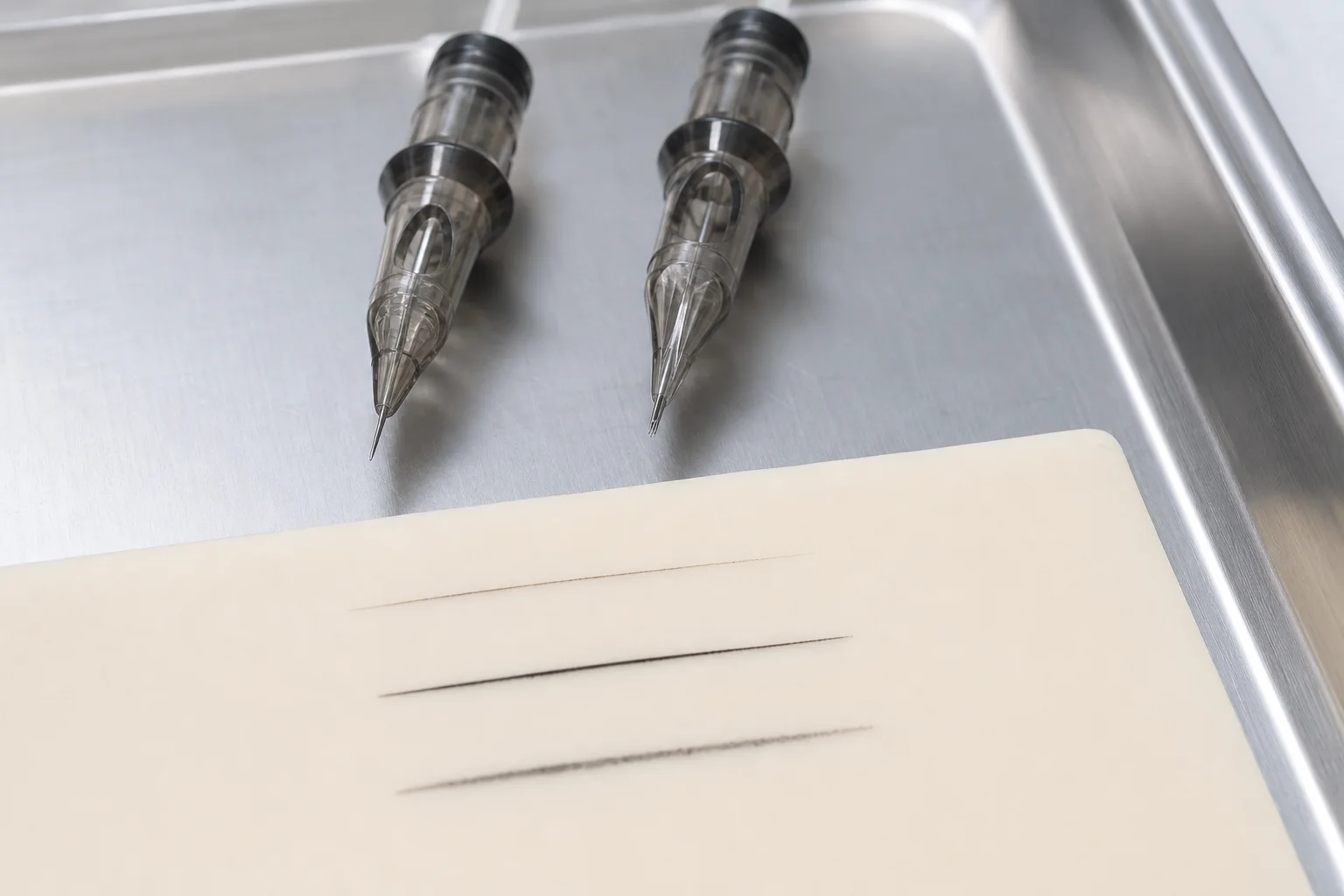 Close-up comparison of a single-needle 1RL and a 3RL liner cartridge showing thin-line swatches