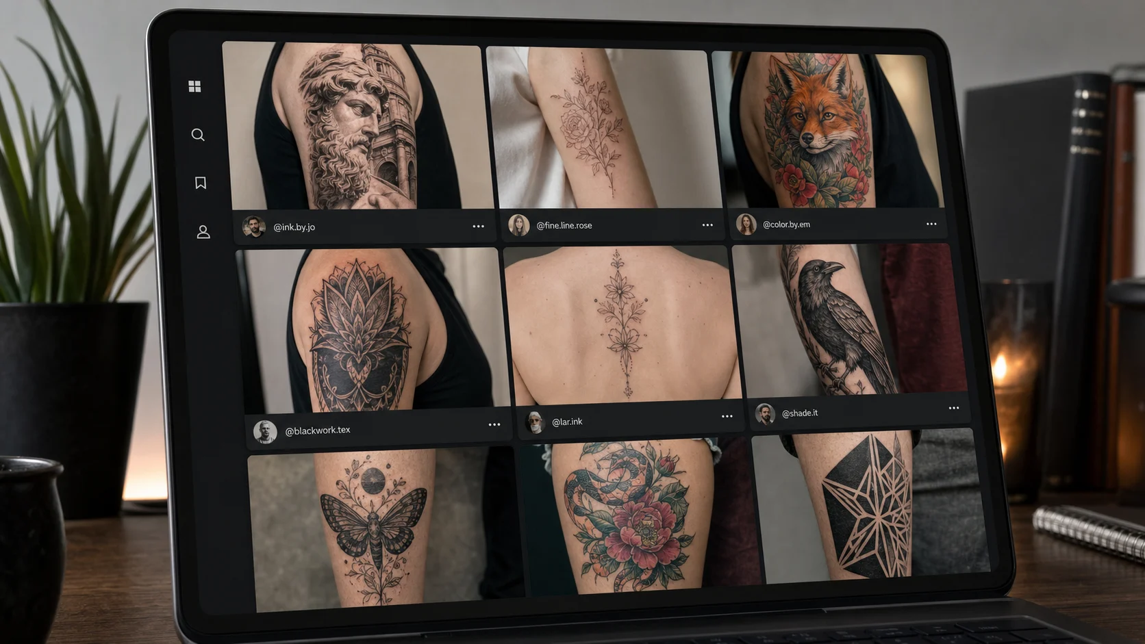 A grid feed of real, varied tattoo photos with artist handles visible on each — black-and-grey, fine line, color, blackwork